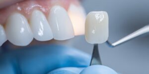 Carilla dental sostenida frente a los dientes durante un procedimiento de odontología estética